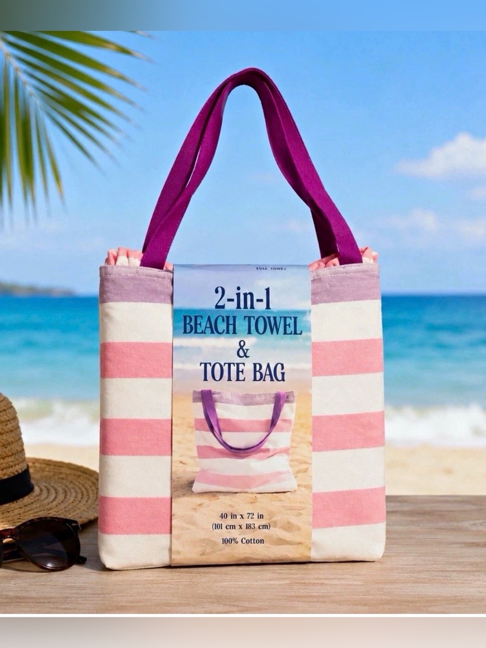 2-in-1 Pink Stripe Beach Towel & Tote Bag with Purple Handles